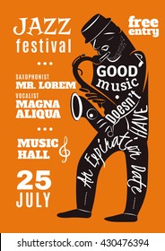 Jazz festival in music hall advertisement bill poster with black musician silhouette and lettering abstract vector illustration 