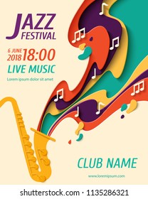 Jazz Festival - music paper cut style poster for jazz festival or night blues retro party with saxophone and notes. Vector paper craft vintage music background