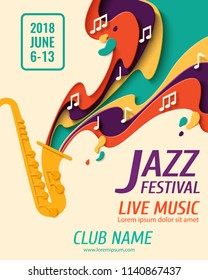 Jazz Festival - music paper cut style poster for jazz festival or night blues retro party with saxophone and notes. Vector paper craft vintage music background