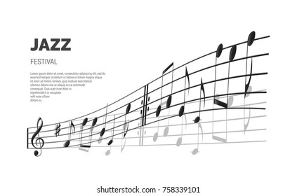 Jazz festival poster or banner template. Vector Jazz festival text on stave background.