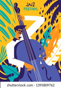 Jazz festival poster. Contrabass player with floral background. Modern minimal flat colors illustration.