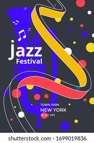 Jazz festival poster design template with trumpet. Minimal Music flyer for jazz concert. Vector illustration