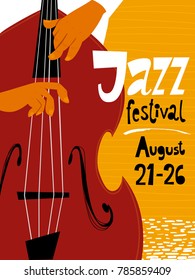 Afiche del festival de Jazz con músico de bajo doble. Cartel de jazz dibujado a mano. Plantilla de afiche del concierto de jazz. 