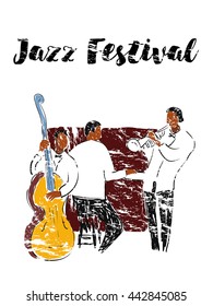  Jazz festival Poster featuring an Abstract style illustration of a vibrant Jazz band and cool lead singer who is striking a stylish pose and playing a musical performance live on stage.