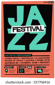 Jazz Festival Poster (Flat Style Vector Illustration Music Design) Event Invitation with Venue and Time Details