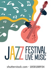 jazz festival poster with guitar and music notes vector illustration design