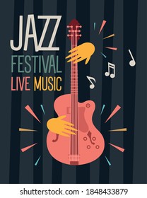 jazz festival poster with hands playing guitar vector illustration design