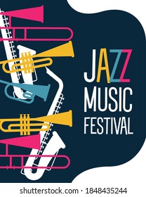 jazz festival poster with instruments and lettering vector illustration design