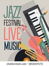 jazz festival poster with instruments and lettering vector illustration design