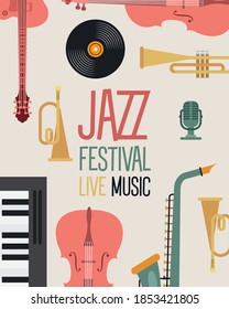 jazz festival poster with instruments and lettering vector illustration design