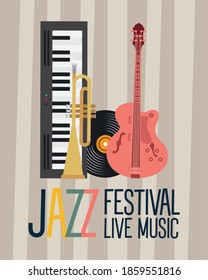 jazz festival poster with instruments and lettering vector illustration design