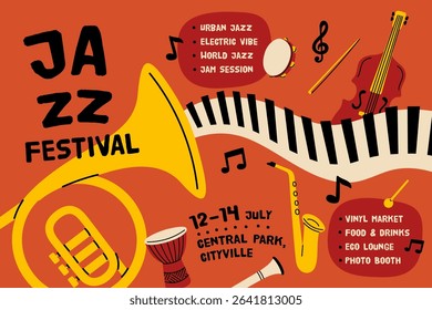 Jazz festival poster. Musical event announcement template, abstract composition, acoustic instruments, live concert, party invitation design, performance saxophone, garish vector concept