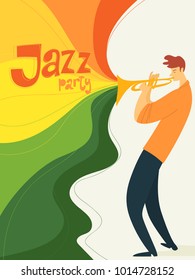 Jazz festival poster with musician playing trumpet. Jazz party invitation vector template.
