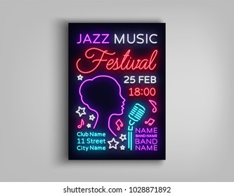 Jazz Festival Poster Neon. Neon sign, Neon style brochure, Design invitation template for Jazz music festival, Light Banner, Nightly advertisement of the festival, party, concert. Vector illustration