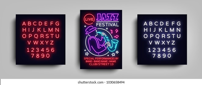 Jazz Festival Poster Neon. Neon sign, Neon style brochure, Design invitation template, Light Banner, Nightly advertisement festival, party, concert. Vector illustration. Editing text neon sign