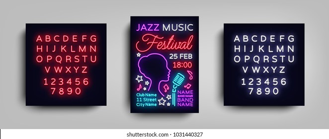 Jazz Festival Poster Neon. Neon sign, Neon style brochure, Design invitation template, Light Banner, Nightly advertisement festival, party, concert. Vector illustration. Editing text neon sign