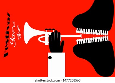 Jazz festival poster. The piano in the form of a person who plays the trumpet. Vector illustration.