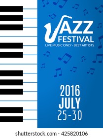 Jazz festival poster with a saxophone. Musical flyer design template.