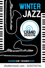 Jazz festival poster with saxophone, piano keyboard, music media banner with the words winter jazz. Vector illustration digital design.