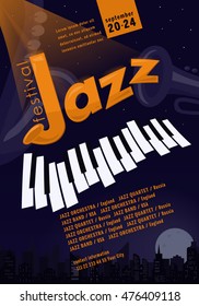 Jazz festival poster template. Banner for misical party. Saxophone, trumpet, Piano keyboard, Night city. Vector illustration with sample text