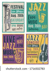 Jazz festival poster template. Live music concert placard. Drawn musical Instruments Saxophone, Trumpet and Cello. Music events or jazz concerts concept. Vector illustration.