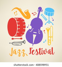 Plantilla de afiche del festival de jazz. Instrumentos musicales - trombona, bajo doble, tambor de bajo, saxofón y tambor de ronco. Perfecto para portada de disco, pancarta de conciertos musicales. Ilustración del vector