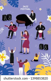 Jazz Festival. Poster template for outdoor festival. Flat cartoon colorful vector illustration.