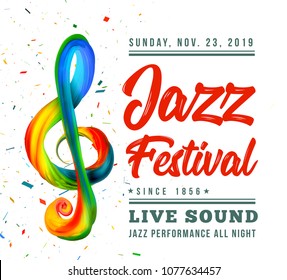 Jazz festival poster template with a treble clef and text on a black background