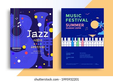 Jazz Festival Poster With Trumpet, Guitar And Piano. Flyer Template For Music Concert. Vector Illustration