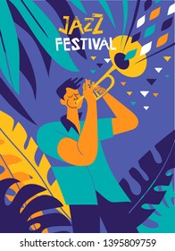 Jazz festival poster. Trumpet player with floral background. Modern minimal flat colors illustration.