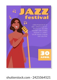 Afiche del festival de Jazz. Mujer con vestido rojo con micro actuación en escena. Músico y artista talentoso. Portada o pancarta. Dibujo vectorial plano de dibujos animados aislado en fondo blanco