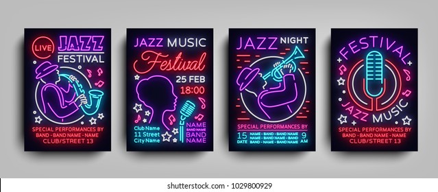 Jazz Festival posters Neon Collection. Neon sign, Neon style brochure, Design invitation template for Jazz music festival, Light Banner, Nightly advertisement of festival, party. Vector illustration