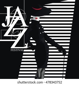 Jazz festival. Retro a poster with the stylish girl. Vector Illustration