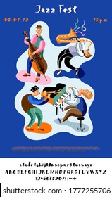 Jazz festival retro vector blue poster. Classical music contest, blues band concert retro web banners pack. Piano, saxophone, trumpet, double bass players characters. Alphabet letters and symbols