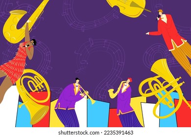 Jazz festival with saxophone instrument, jazz singer and saxophonist playing music poster, vector illustration. Billbord of musical show.