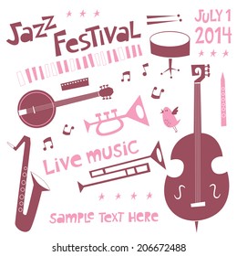 Jazz festival set in cartoon style with musical instruments