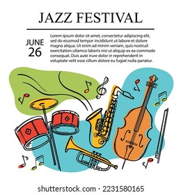 JAZZ FESTIVAL Square Banner Musical Concert Poster With Cello Saxophone Trumpet And Drums Invitation Text Abstract Colorful Background Hand Drawn Vector Sketch