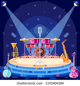 Jazz Festival Stage, Vector Flat Illustration. Music Instruments And Spotlights Equipment On Scene Podium. Musical Concert Design Elements.