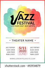 Jazz festival vector background poster. Flyer design music template. Musical festival event flyer.