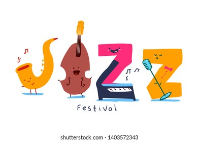 Jazz festival vector cartoon letter characters with different emotions isolated on a white background.