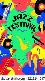 Jazz festival vector flyer template. .Creative modern horizontal poster, banner, and brochure with classic music instruments and text. Vector illustration for music events