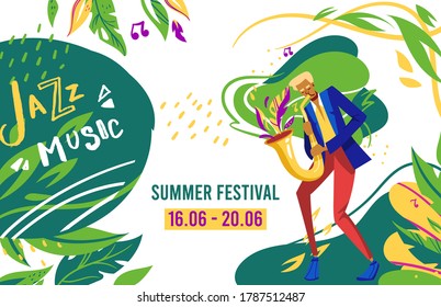 Jazz festival vector illustration. Cartoon flat man musician talent sax player character playing jazz blues music on saxophone musical instrument, retro jazz party or concert in club poster background