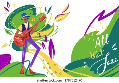 Jazz festival vector illustration. Cartoon flat man musician solo guitarist character playing jazz soul music on guitar musical instrument, retro jazz party or live concert in club poster background