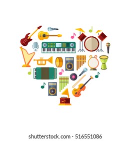 Jazz festival vector poster with music instruments in heart shape design