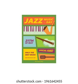 Jazz festival vertical poster with piano and sexopon image, notes, green background vector illustration