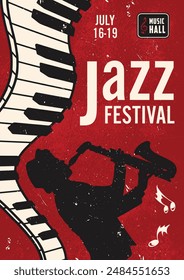 Jazz festival vintage pegatina colorida con silueta de músico tocando música en saxofón y piano teclas de Ilustración vectorial