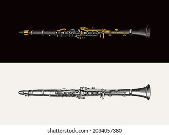 Jazz flute. Vector illustration classical wind trumpet. Musical instrument in doodle outline style. Hand drawn monochrome engraved sketch for vintage logo, retro emblem or poster.