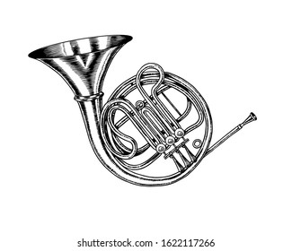 Jazz French horn in monochrome engraved vintage style. Hand drawn trumpet sketch for blues and ragtime festival poster. Musical classical wind instrument. 