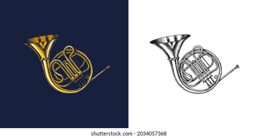 Jazz French horn in monochrome engraved vintage style. Hand drawn trumpet sketch for blues and ragtime festival poster. Musical classical wind instrument.