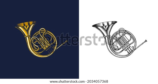 Jazz French horn in monochrome\
engraved vintage style. Hand drawn trumpet sketch for blues and\
ragtime festival poster. Musical classical wind\
instrument.